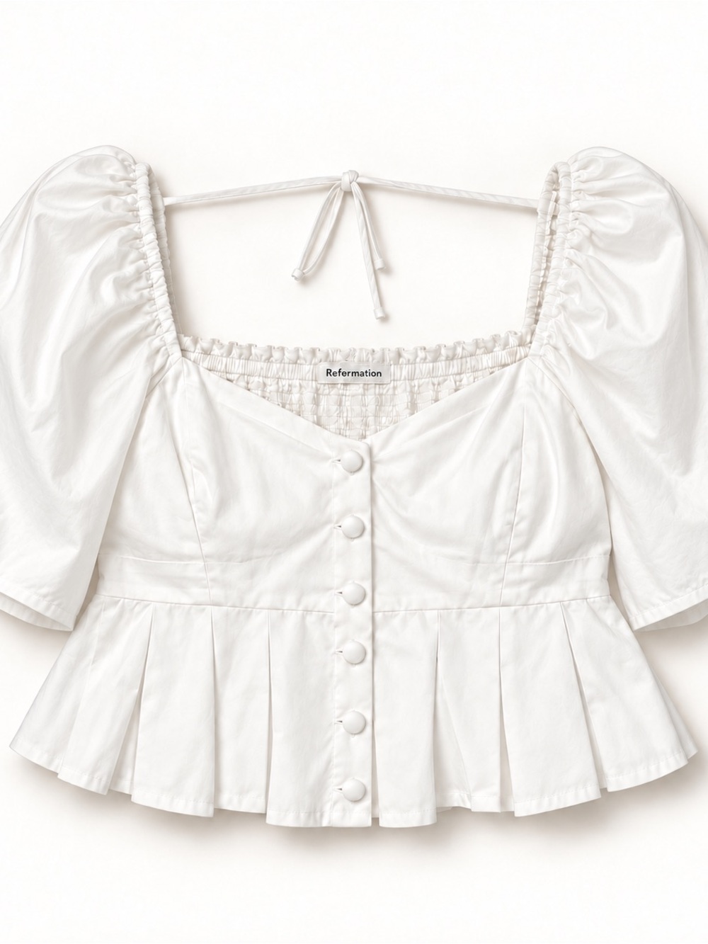 Reformation White Puff-Sleeve Peplum Button Blouse